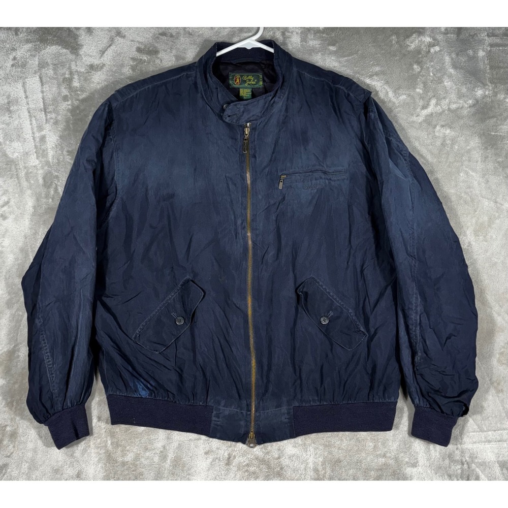 Bobby Jones Bomber Jacket Men L Navy Blue Fair cond 100% Silk Full Zip Golf Coat